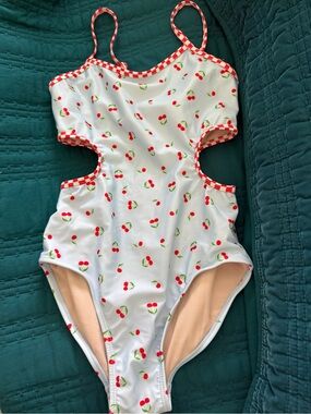 Kids Cherry Print One-Piece Swimsuit with Red Trim